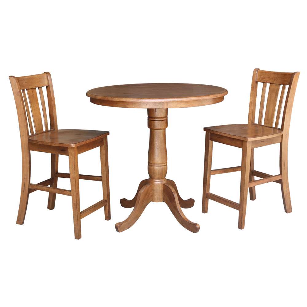 International Concepts (Set of 3 Pcs) - 36in Round Pedestal Gathering Height Table with 2 San Remo Counter Height Stools in Distressed Oak Finish - K42-36RT-6B-S102-2 veiw 1