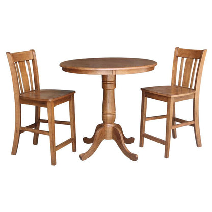 International Concepts (Set of 3 Pcs) - 36in Round Pedestal Gathering Height Table with 2 San Remo Counter Height Stools in Distressed Oak Finish - K42-36RT-6B-S102-2 veiw 1