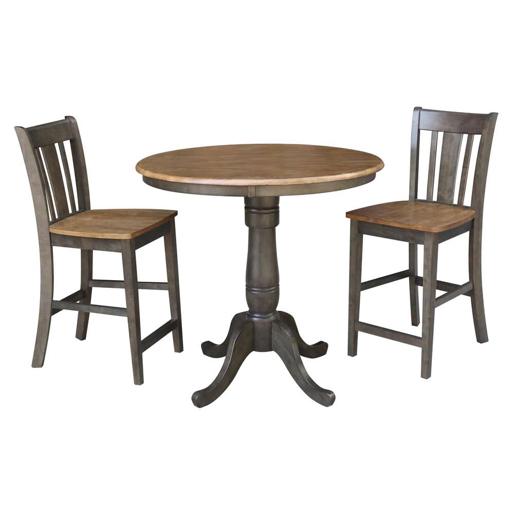 International Concepts (Set of 3 Pcs) - 36in Round Pedestal Gathering Height Table with 2 San Remo Counter Height Stools in Hickory/Washed Coal Finish - K45-36RT-6B-S102-2 veiw 1