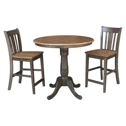 International Concepts (Set of 3 Pcs) - 36in Round Pedestal Gathering Height Table with 2 San Remo Counter Height Stools in Hickory/Washed Coal Finish - K45-36RT-6B-S102-2 veiw 1