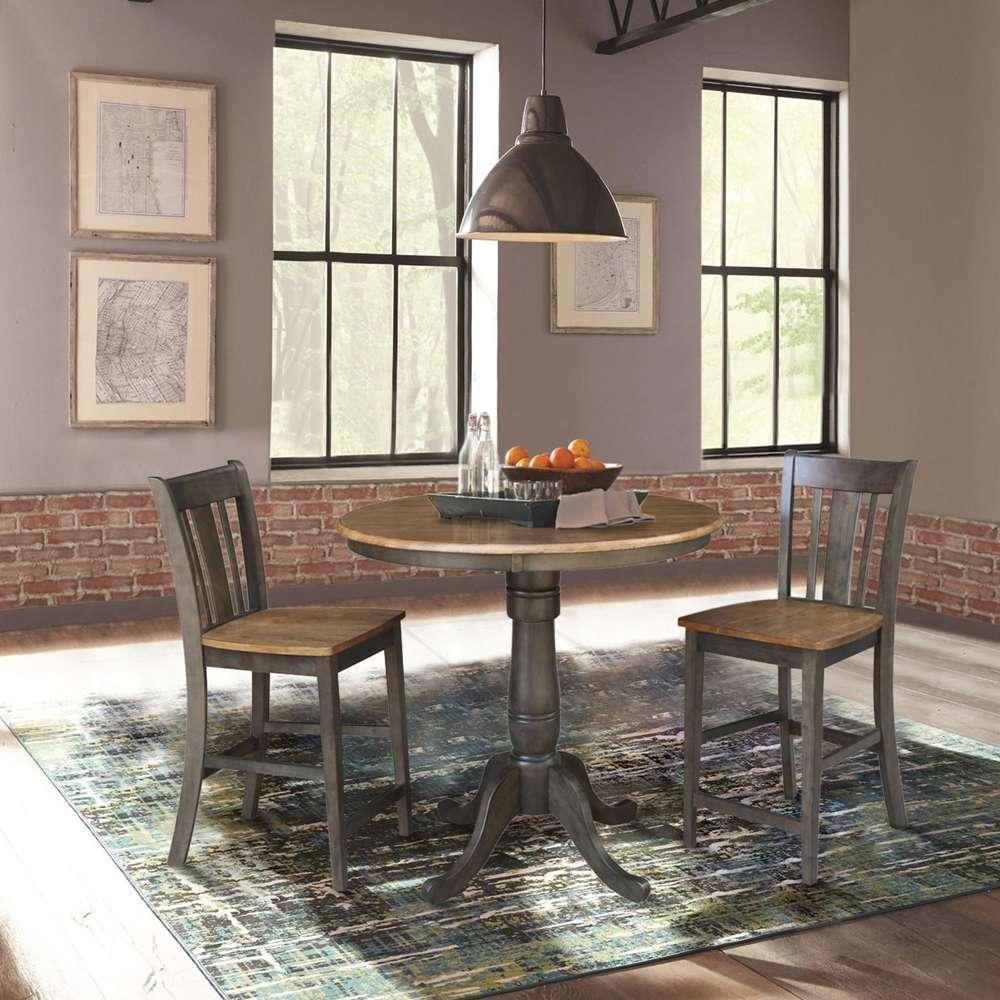 International Concepts (Set of 3 Pcs) - 36in Round Pedestal Gathering Height Table with 2 San Remo Counter Height Stools in Hickory/Washed Coal Finish - K45-36RT-6B-S102-2 veiw 2