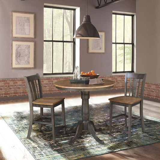 International Concepts (Set of 3 Pcs) - 36in Round Pedestal Gathering Height Table with 2 San Remo Counter Height Stools in Hickory/Washed Coal Finish - K45-36RT-6B-S102-2 veiw 2