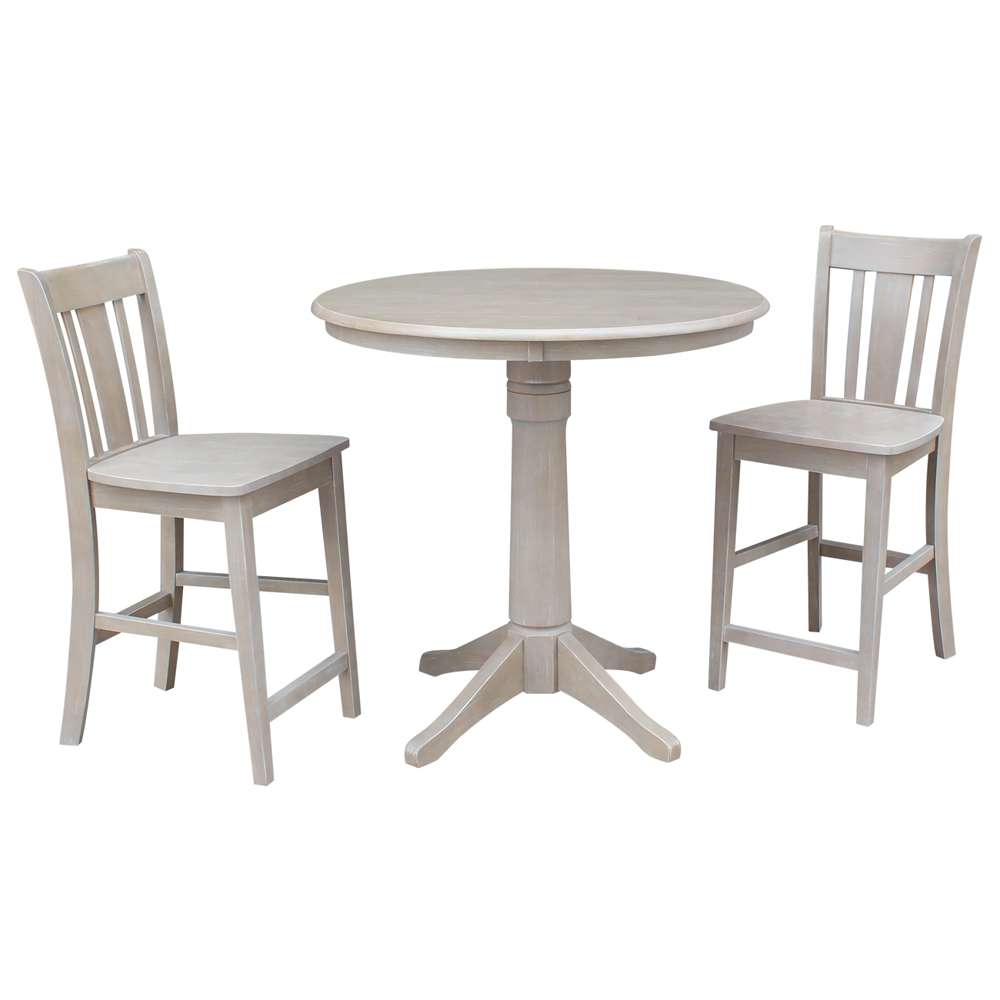 International Concepts (Set of 3 Pcs) - 36in Round Pedestal Gathering Height Table with 2 San Remo Counter Height Stools in Washed Gray Taupe Finish - K09-36RT-27B-6B-S102-2 veiw 1