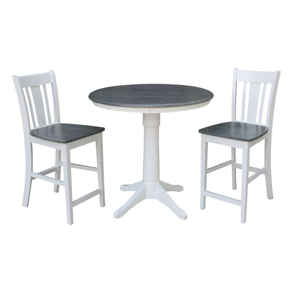 International Concepts (Set of 3 Pcs) - 36in Round Pedestal Gathering Height Table with 2 San Remo Counter Height Stools in White/Heather Gray Finish - K05-36RT-27B-S102-2 veiw 1