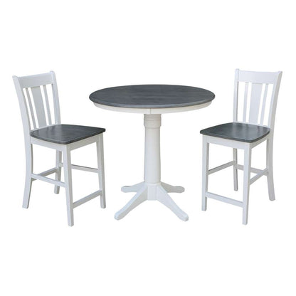 International Concepts (Set of 3 Pcs) - 36in Round Pedestal Gathering Height Table with 2 San Remo Counter Height Stools in White/Heather Gray Finish - K05-36RT-27B-S102-2 veiw 1