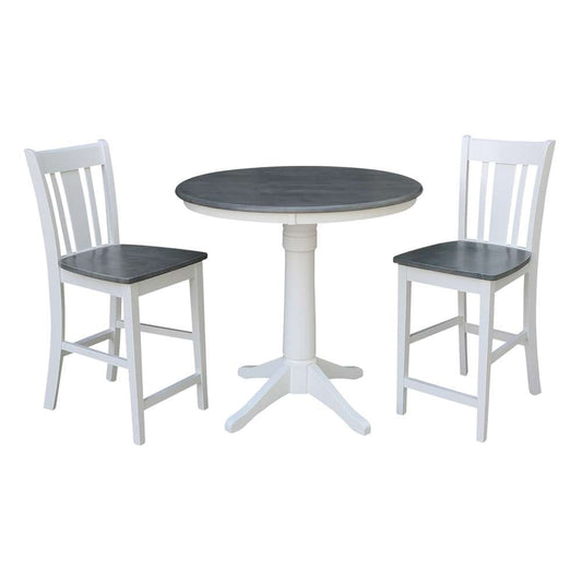 International Concepts (Set of 3 Pcs) - 36in Round Pedestal Gathering Height Table with 2 San Remo Counter Height Stools in White/Heather Gray Finish - K05-36RT-27B-S102-2 veiw 1
