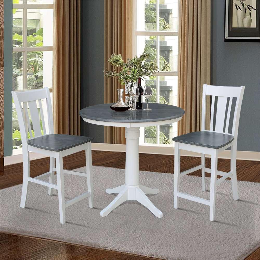 International Concepts (Set of 3 Pcs) - 36in Round Pedestal Gathering Height Table with 2 San Remo Counter Height Stools in White/Heather Gray Finish - K05-36RT-27B-S102-2 veiw 2