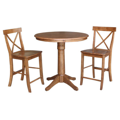 International Concepts (Set of 3 Pcs) - 36in Round Pedestal Gathering Height Table with 2 X-Back Counter Height Stools in Distressed Oak Finish - K42-36RT-27B-S6132-2 veiw 1