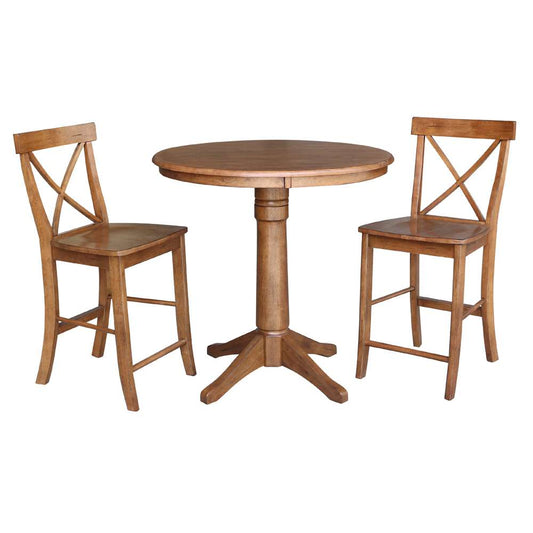 International Concepts (Set of 3 Pcs) - 36in Round Pedestal Gathering Height Table with 2 X-Back Counter Height Stools in Distressed Oak Finish - K42-36RT-27B-S6132-2 veiw 1