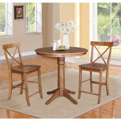 International Concepts (Set of 3 Pcs) - 36in Round Pedestal Gathering Height Table with 2 X-Back Counter Height Stools in Distressed Oak Finish - K42-36RT-27B-S6132-2 veiw 2