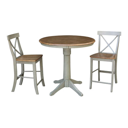 International Concepts (Set of 3 Pcs) - 36in Round Pedestal Gathering Height Table with 2 X-Back Counter Height Stools in Hickory/Stone Finish - K41-36RT-27B-S6132-2 veiw 1