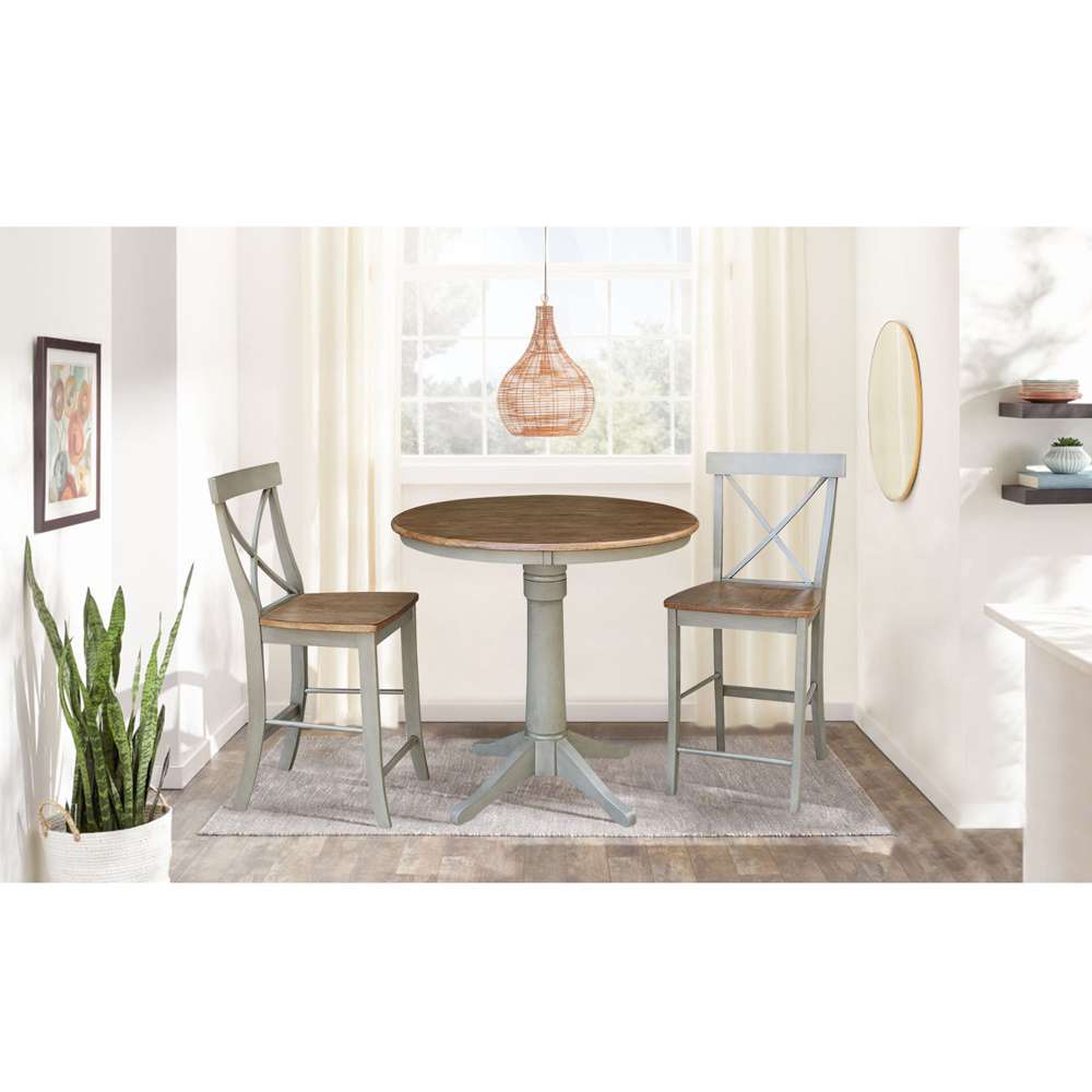 International Concepts (Set of 3 Pcs) - 36in Round Pedestal Gathering Height Table with 2 X-Back Counter Height Stools in Hickory/Stone Finish - K41-36RT-27B-S6132-2 veiw 2