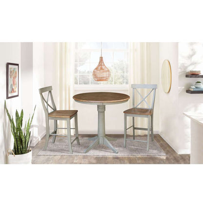International Concepts (Set of 3 Pcs) - 36in Round Pedestal Gathering Height Table with 2 X-Back Counter Height Stools in Hickory/Stone Finish - K41-36RT-27B-S6132-2 veiw 2