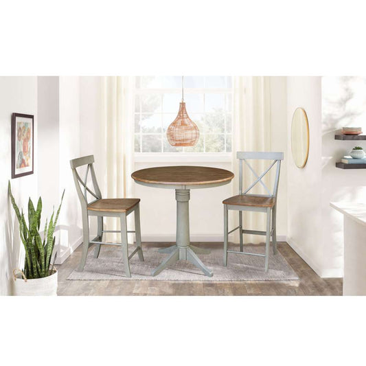 International Concepts (Set of 3 Pcs) - 36in Round Pedestal Gathering Height Table with 2 X-Back Counter Height Stools in Hickory/Stone Finish - K41-36RT-27B-S6132-2 veiw 2