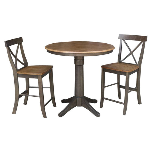 International Concepts (Set of 3 Pcs) - 36in Round Pedestal Gathering Height Table with 2 X-Back Counter Height Stools in Hickory/Washed Coal Finish - K45-36RT-27B-S6132-2 veiw 1
