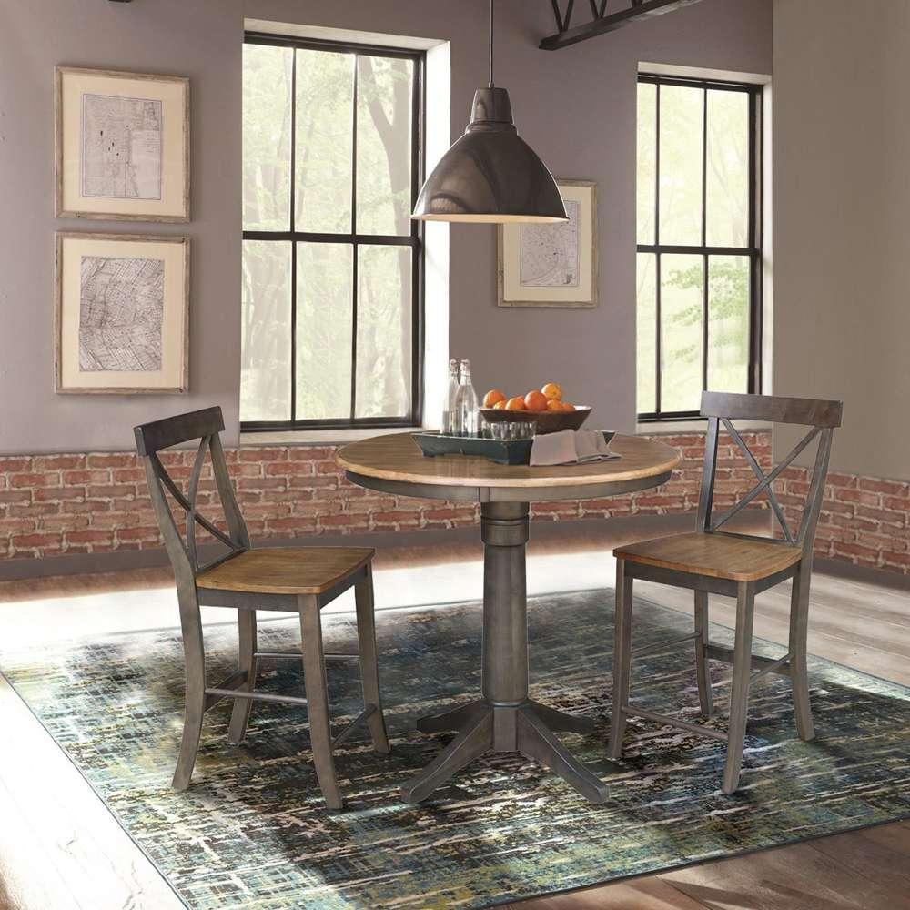 International Concepts (Set of 3 Pcs) - 36in Round Pedestal Gathering Height Table with 2 X-Back Counter Height Stools in Hickory/Washed Coal Finish - K45-36RT-27B-S6132-2 veiw 2