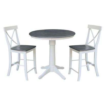 International Concepts (Set of 3 Pcs) - 36in Round Pedestal Gathering Height Table with 2 X-Back Counter Height Stools in White/Heather Gray Finish - K05-36RT-27B-S6132-2 veiw 1