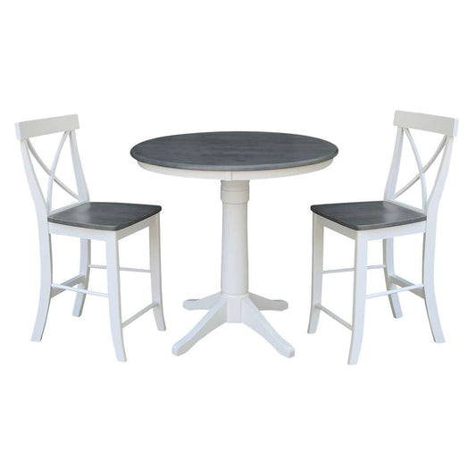 International Concepts (Set of 3 Pcs) - 36in Round Pedestal Gathering Height Table with 2 X-Back Counter Height Stools in White/Heather Gray Finish - K05-36RT-27B-S6132-2 veiw 1