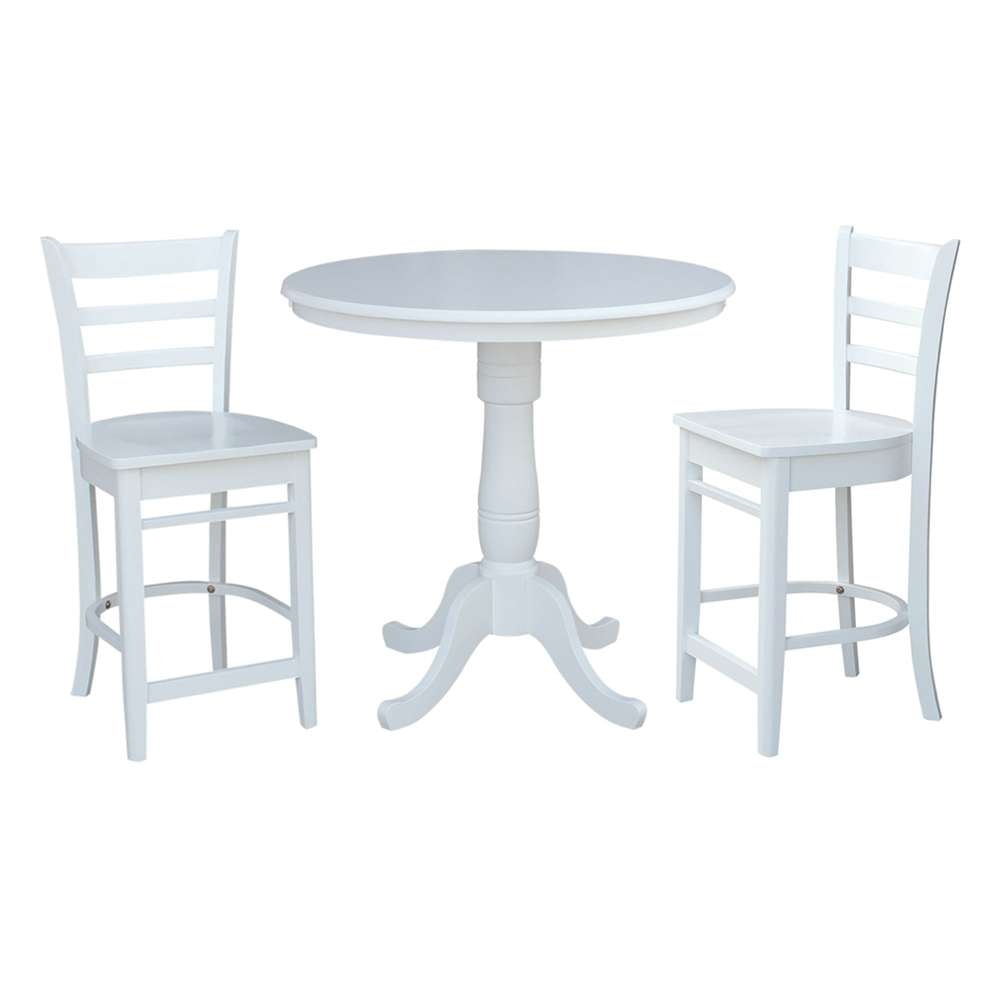 International Concepts (Set of 3 Pcs) - 36in Round Pedestal Gathering Height Table with 2 X-Back Counter Height Stools in White Finish - K08-36RT-6B-17 veiw 1
