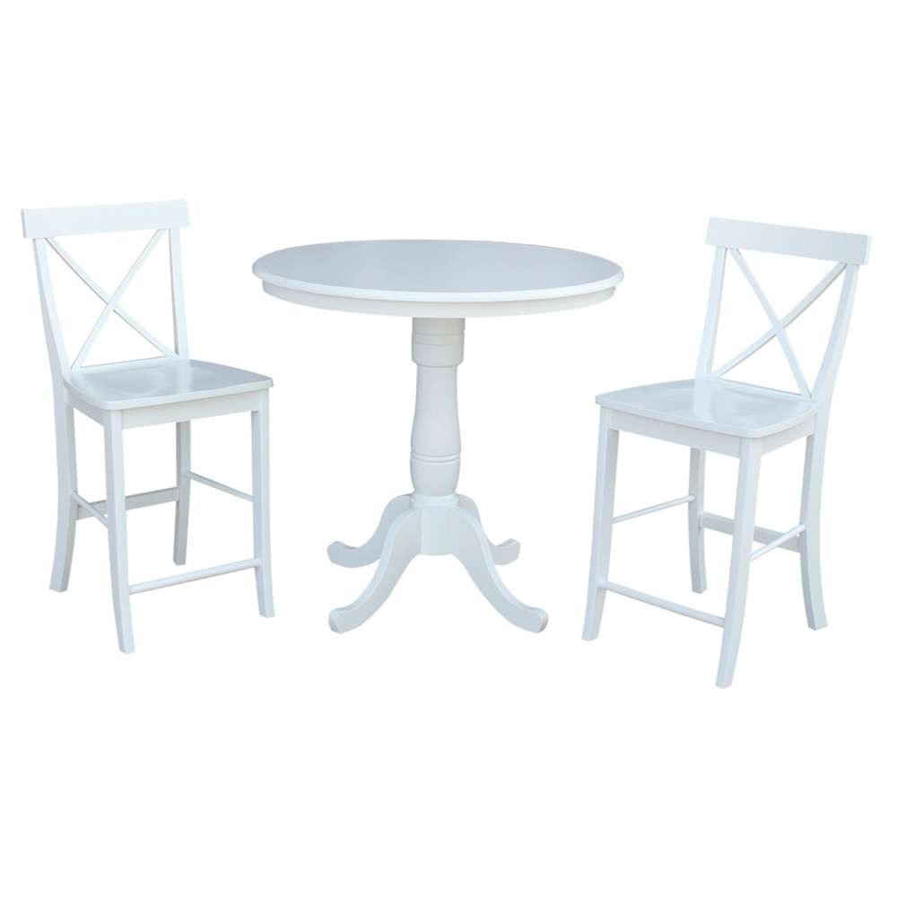 International Concepts (Set of 3 Pcs) - 36in Round Pedestal Gathering Height Table with 2 X-Back Counter Height Stools in White Finish - K08-36RT-6B-32 veiw 1