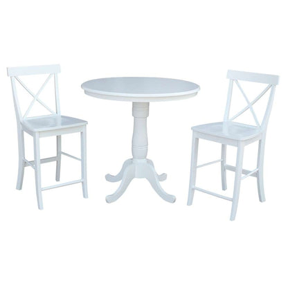 International Concepts (Set of 3 Pcs) - 36in Round Pedestal Gathering Height Table with 2 X-Back Counter Height Stools in White Finish - K08-36RT-6B-32 veiw 1