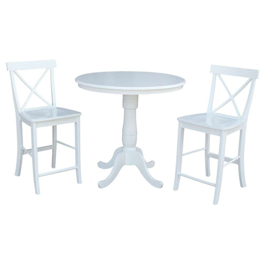 International Concepts (Set of 3 Pcs) - 36in Round Pedestal Gathering Height Table with 2 X-Back Counter Height Stools in White Finish - K08-36RT-6B-32 veiw 1