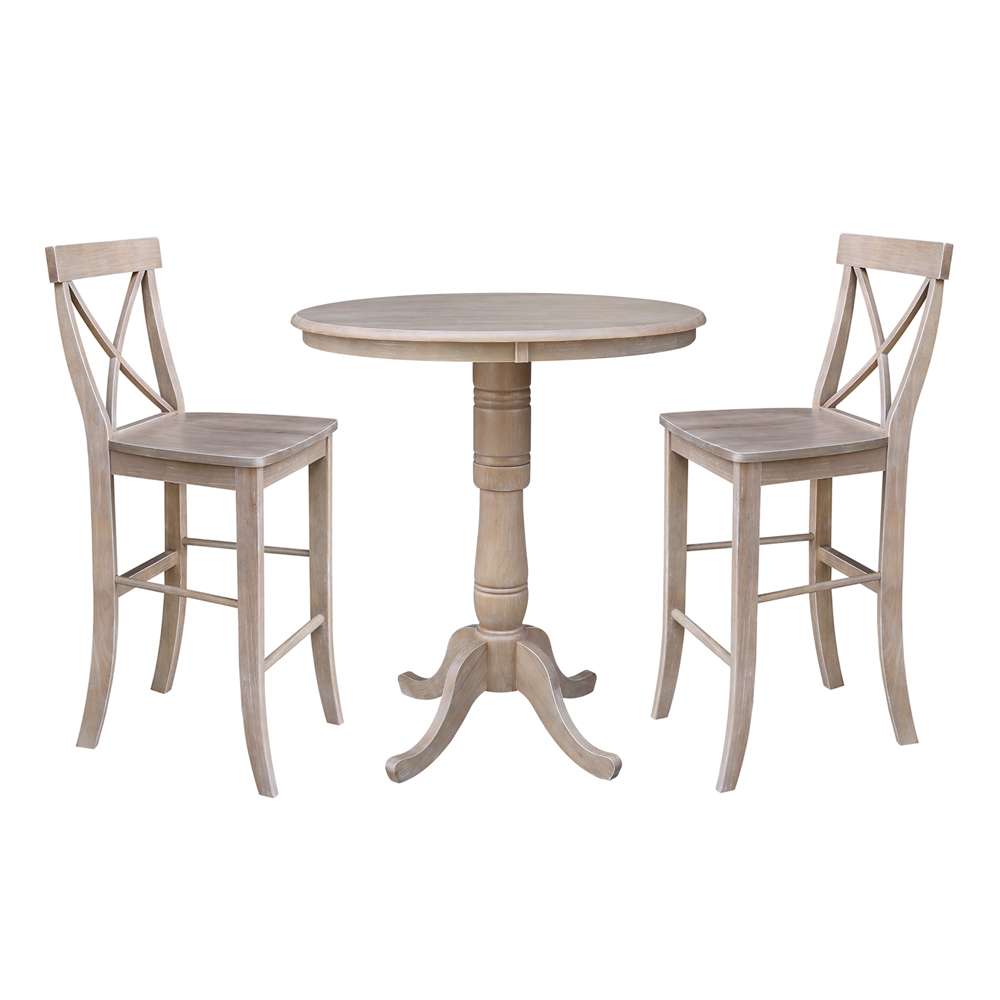 International Concepts (Set of 3 Pcs) - 36in Round Pedestal Bar Height Table with 2 RTA Bar Height Stools in Washed Gray Taupe Finish - K09-36RT-S6133-2 veiw 1