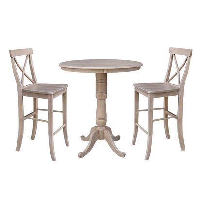 International Concepts (Set of 3 Pcs) - 36in Round Pedestal Bar Height Table with 2 RTA Bar Height Stools in Washed Gray Taupe Finish - K09-36RT-S6133-2 veiw 1