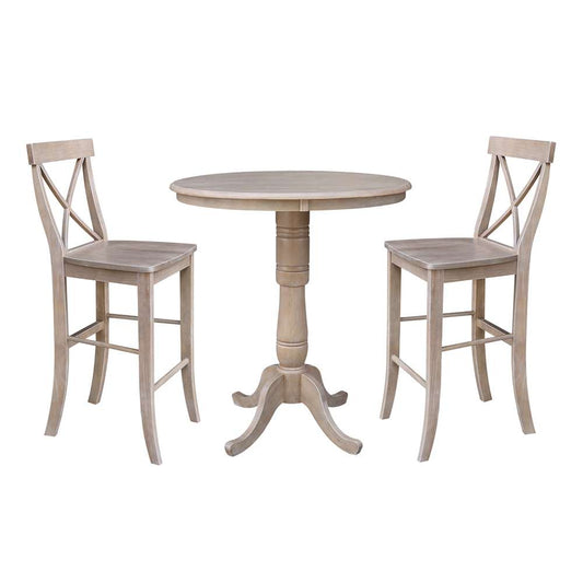 International Concepts (Set of 3 Pcs) - 36in Round Pedestal Bar Height Table with 2 RTA Bar Height Stools in Washed Gray Taupe Finish - K09-36RT-S6133-2 veiw 1