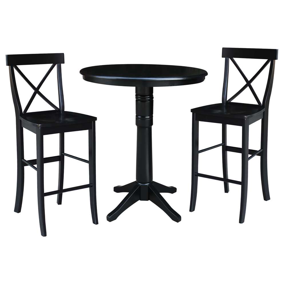 International Concepts (Set of 3 Pcs) - 36in Round Pedestal Bar Height Table with 2 X-Back Bar Height Stools in Black Finish - K46-36RT-27B-S6133-2 veiw 1