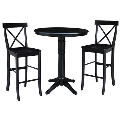 International Concepts (Set of 3 Pcs) - 36in Round Pedestal Bar Height Table with 2 X-Back Bar Height Stools in Black Finish - K46-36RT-27B-S6133-2 veiw 1