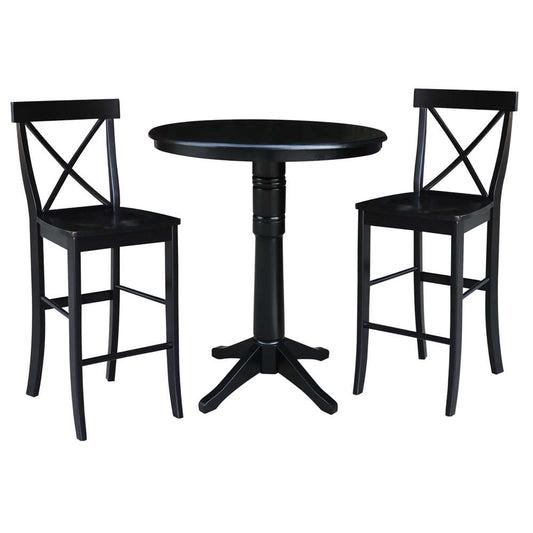 International Concepts (Set of 3 Pcs) - 36in Round Pedestal Bar Height Table with 2 X-Back Bar Height Stools in Black Finish - K46-36RT-27B-S6133-2 veiw 1