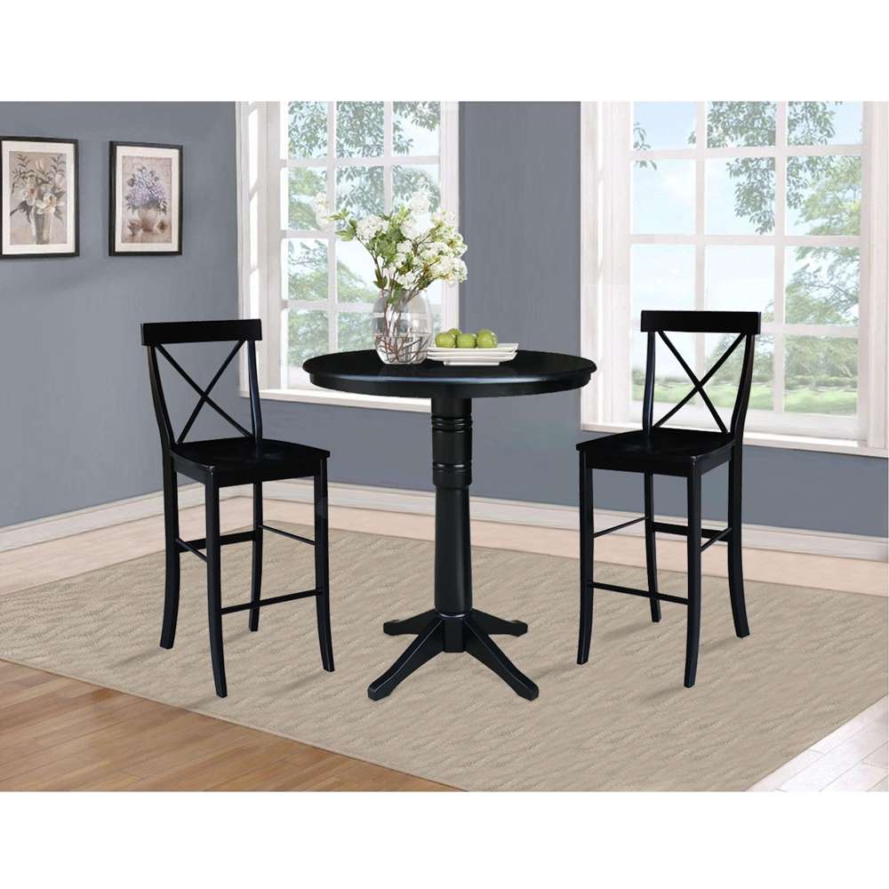 International Concepts (Set of 3 Pcs) - 36in Round Pedestal Bar Height Table with 2 X-Back Bar Height Stools in Black Finish - K46-36RT-27B-S6133-2 veiw 2