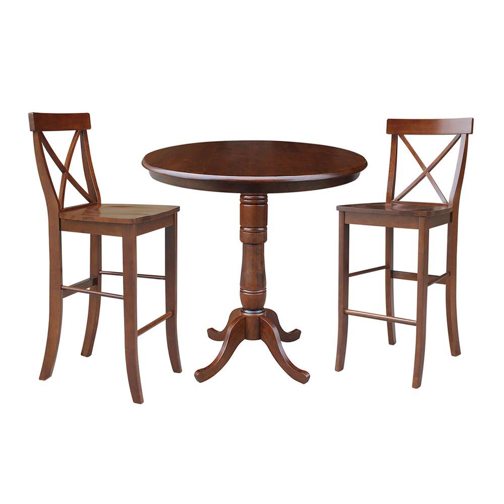International Concepts (Set of 3 Pcs) - 36in Round Pedestal Bar Height Table with 2 X-Back Bar Height Stools in Espresso Finish - K581-36-6B-2-6133 veiw 1