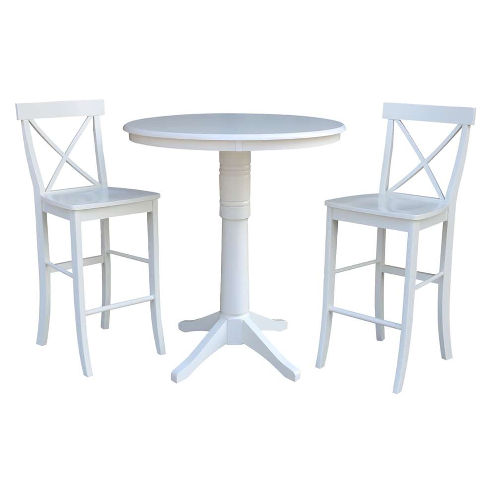 International Concepts (Set of 3 Pcs) - 36in Round Pedestal Bar Height Table with 2 X-Back Bar Height Stools in White Finish - K08-36RT-27B-S6133 veiw 1