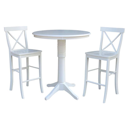 International Concepts (Set of 3 Pcs) - 36in Round Pedestal Bar Height Table with 2 X-Back Bar Height Stools in White Finish - K08-36RT-27B-S6133 veiw 1
