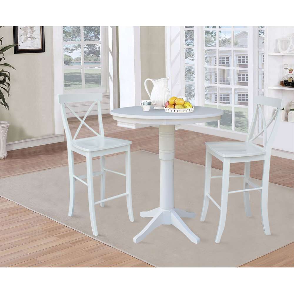 International Concepts (Set of 3 Pcs) - 36in Round Pedestal Bar Height Table with 2 X-Back Bar Height Stools in White Finish - K08-36RT-27B-S6133 veiw 2