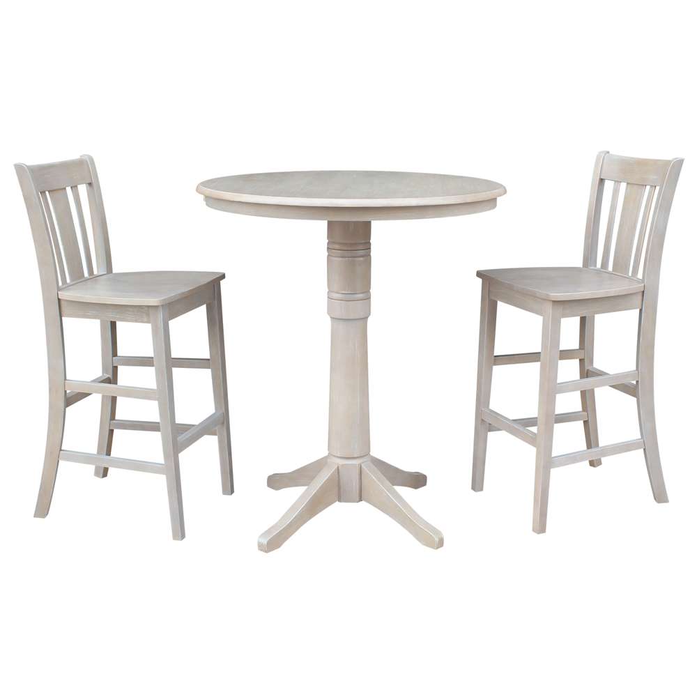 International Concepts (Set of 3 Pcs) - 36in Round Pedestal Bar Height Table with 2 San Remo Bar Height Stools in Washed Gray Taupe Finish - K09-36RT-27B-6B-2-S103-2 veiw 1