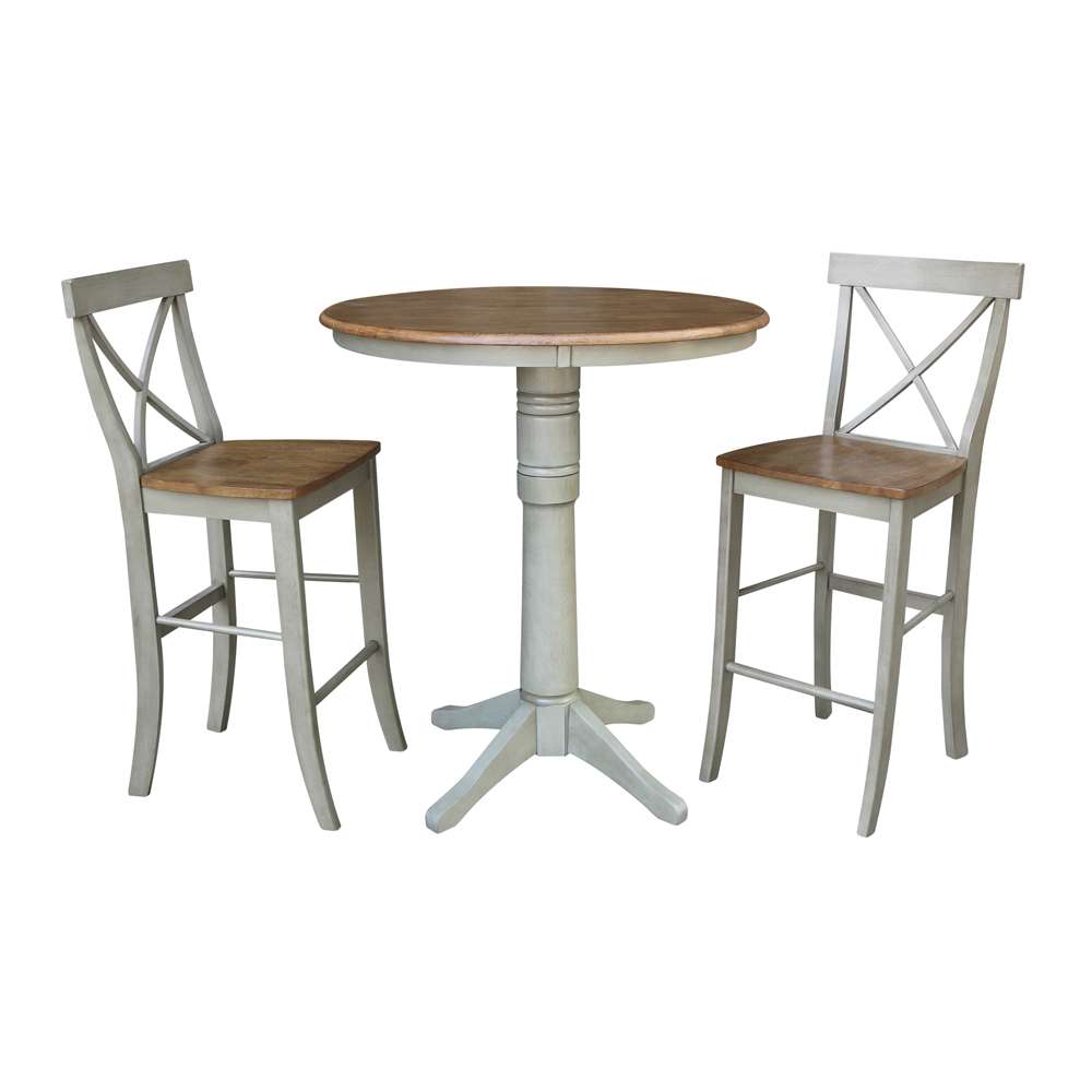 International Concepts (Set of 3 Pcs) - 36in Round Pedestal Bar Height Table with 2 X-Back Bar Height Stools in Hickory/Stone Finish - K41-36RT-27B-S6133-2 veiw 1