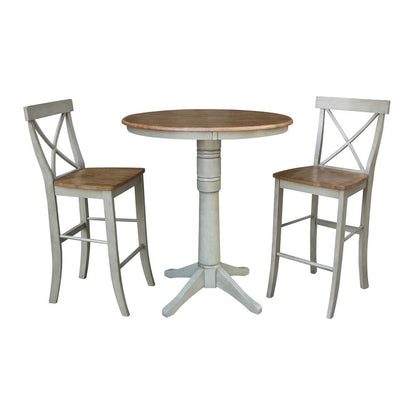 International Concepts (Set of 3 Pcs) - 36in Round Pedestal Bar Height Table with 2 X-Back Bar Height Stools in Hickory/Stone Finish - K41-36RT-27B-S6133-2 veiw 1