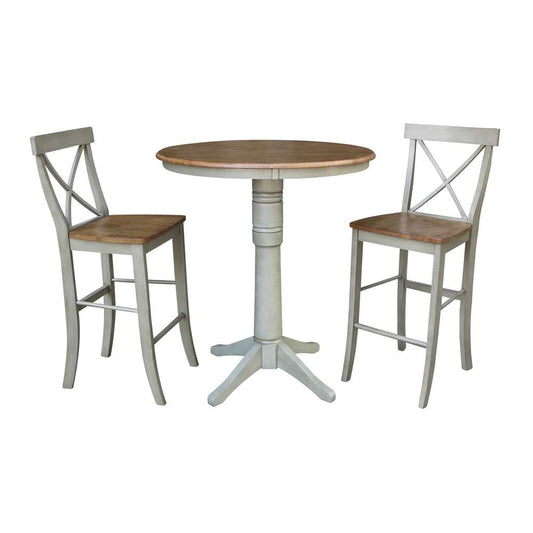 International Concepts (Set of 3 Pcs) - 36in Round Pedestal Bar Height Table with 2 X-Back Bar Height Stools in Hickory/Stone Finish - K41-36RT-27B-S6133-2 veiw 1
