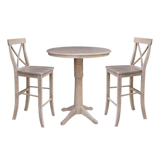 International Concepts (Set of 3 Pcs) - 36in Round Pedestal Bar Height Table with 2 X-Back Bar Height Stools in Washed Gray Taupe Finish - K09-36RT-27B-6B-2-S6133-2 veiw 1