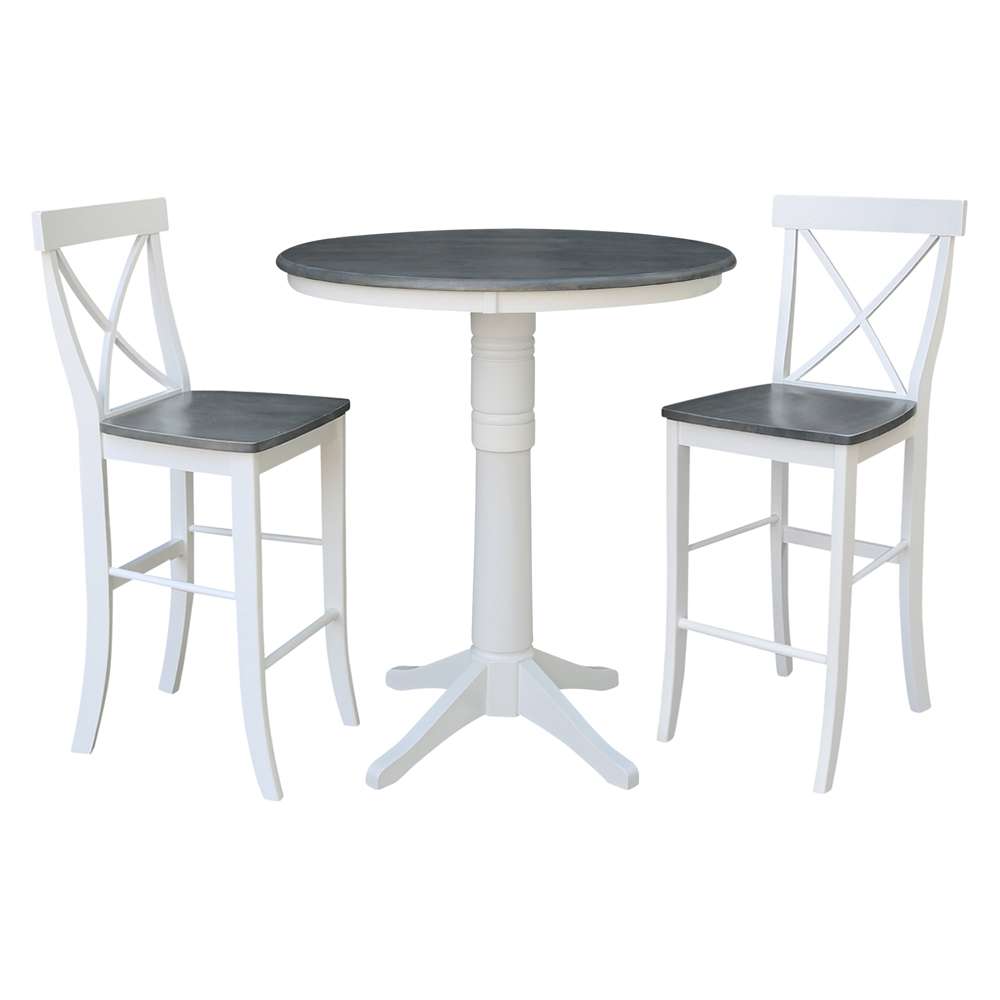 International Concepts (Set of 3 Pcs) - 36in Round Pedestal Bar Height Table with 2 X-Back Bar Height Stools in White/Heather Gray Finish - K05-36RT-27B-S6133-2 veiw 1