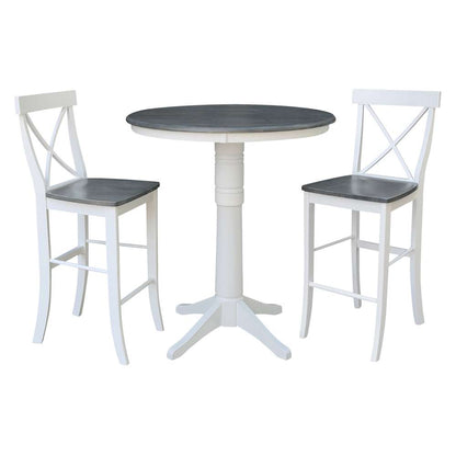 International Concepts (Set of 3 Pcs) - 36in Round Pedestal Bar Height Table with 2 X-Back Bar Height Stools in White/Heather Gray Finish - K05-36RT-27B-S6133-2 veiw 1