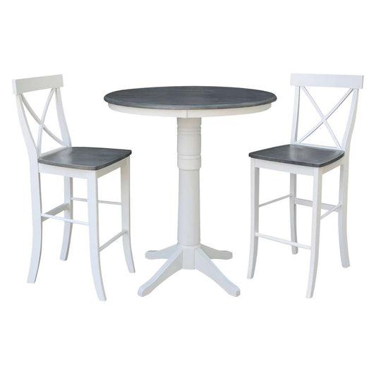 International Concepts (Set of 3 Pcs) - 36in Round Pedestal Bar Height Table with 2 X-Back Bar Height Stools in White/Heather Gray Finish - K05-36RT-27B-S6133-2 veiw 1