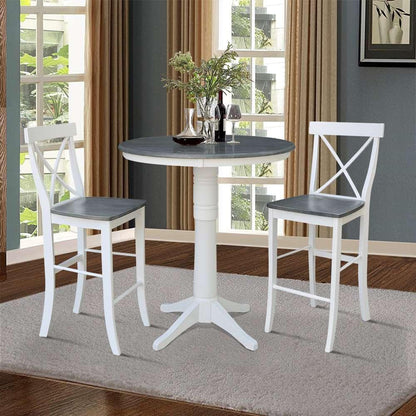 International Concepts (Set of 3 Pcs) - 36in Round Pedestal Bar Height Table with 2 X-Back Bar Height Stools in White/Heather Gray Finish - K05-36RT-27B-S6133-2 veiw 2