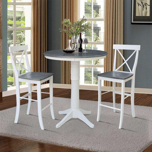 International Concepts (Set of 3 Pcs) - 36in Round Pedestal Bar Height Table with 2 X-Back Bar Height Stools in White/Heather Gray Finish - K05-36RT-27B-S6133-2 veiw 2