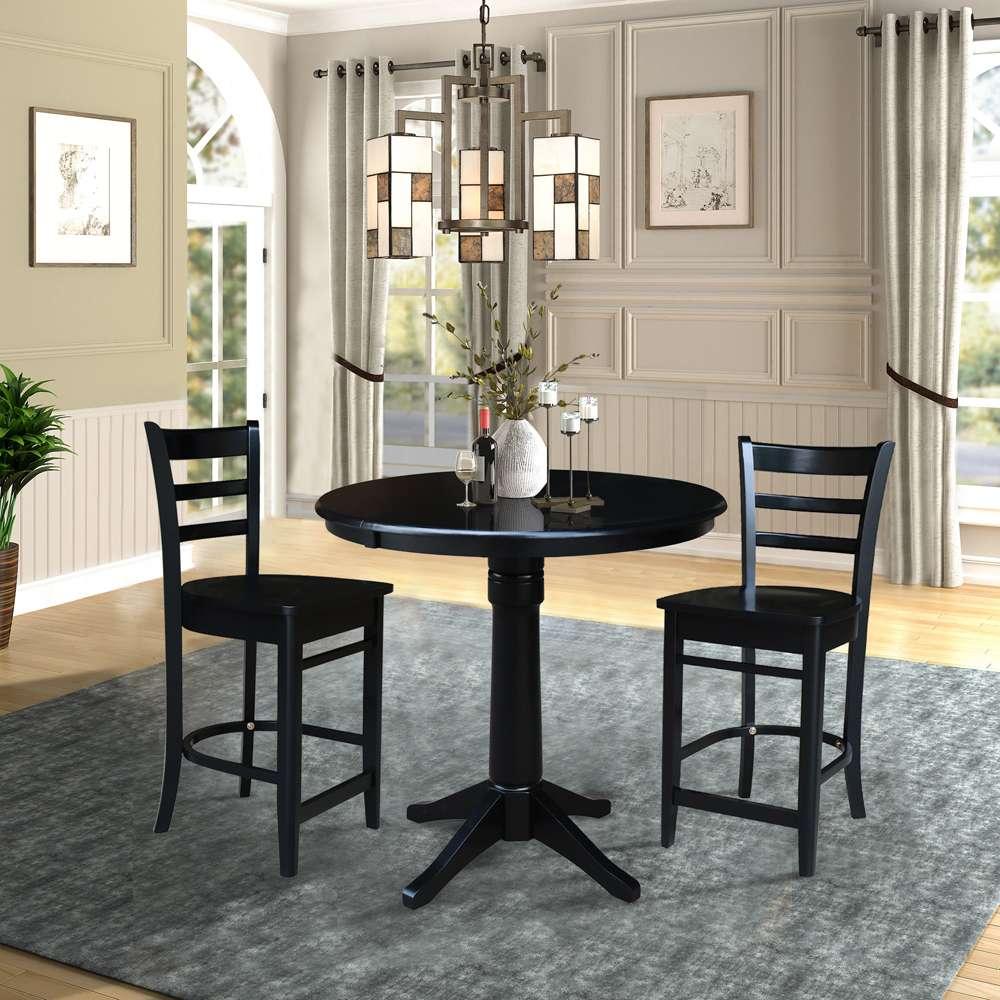 International Concepts (Set of 3 Pcs) - 36in Round Pedestal Gathering Height Table with 2 Counter Height Stools in Black Finish - K46-36RT-27B-S6172-2 veiw 2