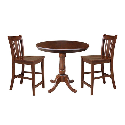 International Concepts (Set of 3 Pcs) - 36in Round Pedestal Gathering Height Table with 2 San Remo Counter Height Stools in Espresso Finish - K581-36RT-6B-S102-2 veiw 1