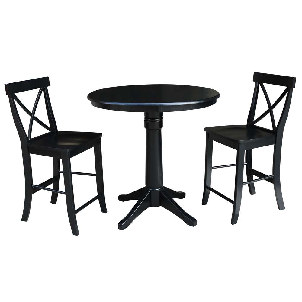 International Concepts (Set of 3 Pcs) - 36in Round Pedestal Gathering Height Table with 2 X-Back Counter Height Stools in Black Finish - K46-36RT-27B-S6132-2 veiw 1